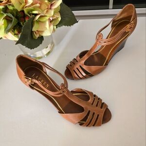 Ralph Lauren Tan Strappy Wedge Sandals 7